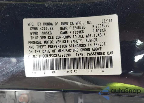 2014 Honda Accord Lx z USA, uszkodzony, nr VIN 1HGCR2F3XEA228090